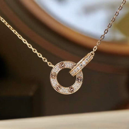 [Super Jewellery]LOVE 7.6MM NECKLACE ROSE GOLD AND SILVER  FULL DIAMOND