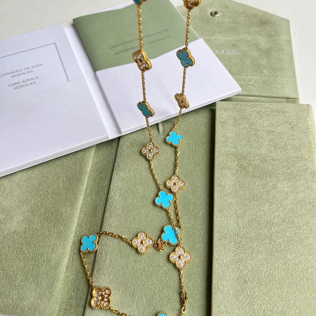 [Super Jewellery]CLOVER 20 MOTIFS TURQUOISE DIAMOND NECKLACE