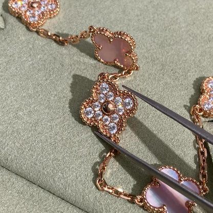 [Super Jewellery]CLOVER 10 MOTIFS DIAMOND PINK MOP NECKLACE