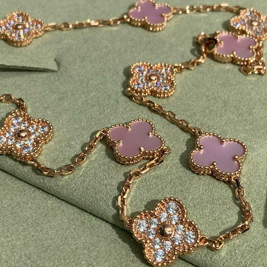 [Super Jewellery]CLOVER 10 MOTIFS DIAMOND PINK MOP NECKLACE