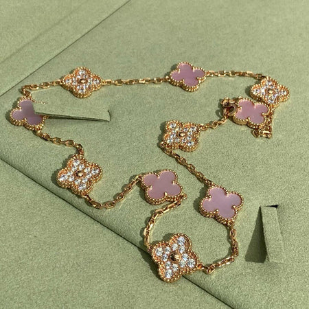 [Super Jewellery]CLOVER 10 MOTIFS DIAMOND PINK MOP NECKLACE