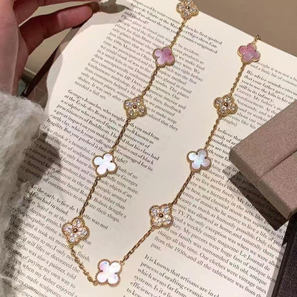 [Super Jewellery]CLOVER 10 MOTIFS DIAMOND PINK MOP NECKLACE