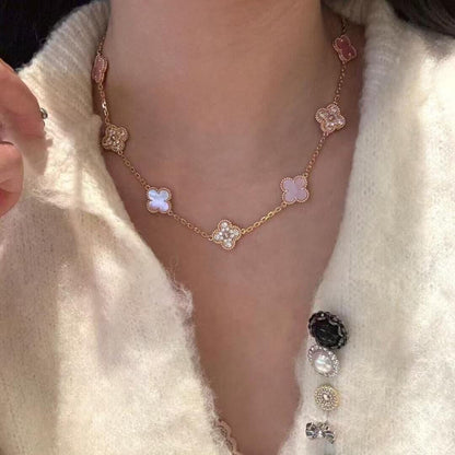 [Super Jewellery]CLOVER 10 MOTIFS DIAMOND PINK MOP NECKLACE
