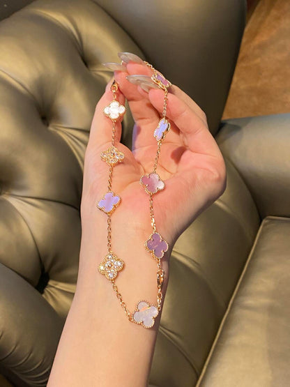 [Super Jewellery]CLOVER 10 MOTIFS DIAMOND PINK MOP NECKLACE