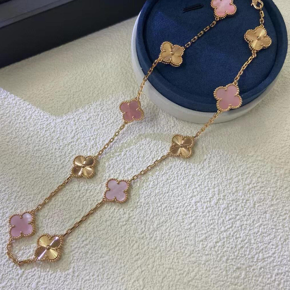[Super Jewellery]CLOVER 10 MOTIFS  LASER PINK MOP NECKLACE