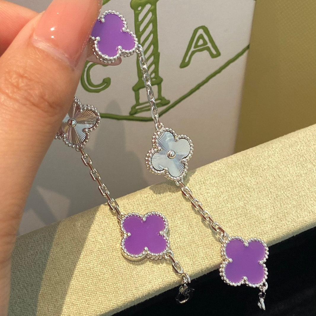 [Super Jewellery]CLOVER  5 MOTIFS  PURPLE VIOLET BRACELET SILVER