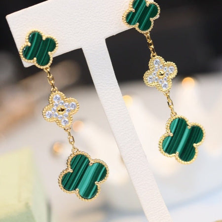 [Super Jewellery]CLOVER EARRINGS GOLD MALACHITE DIAMOND 3 MOTIF