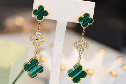 [Super Jewellery]CLOVER EARRINGS GOLD MALACHITE DIAMOND 3 MOTIF