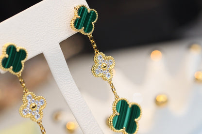 [Super Jewellery]CLOVER EARRINGS GOLD MALACHITE DIAMOND 3 MOTIF