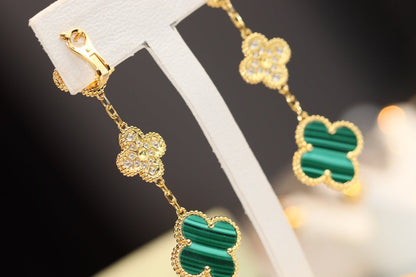 [Super Jewellery]CLOVER EARRINGS GOLD MALACHITE DIAMOND 3 MOTIF