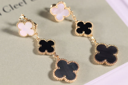 [Super Jewellery]CLOVER EARRINGS GOLD ONYX MOP 3 MOTIF