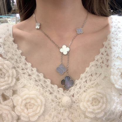 [Super Jewellery]CLOVER MOP CHALCEDONY NECKLACE SILVER 6 MOTIF