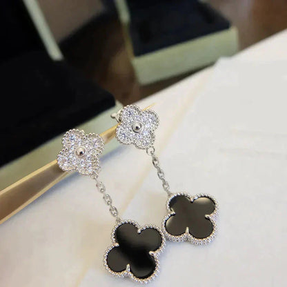 [Super Jewellery]CLOVER 2 MOTIFS  DIAMOND ONYX EARRINGS SILVER