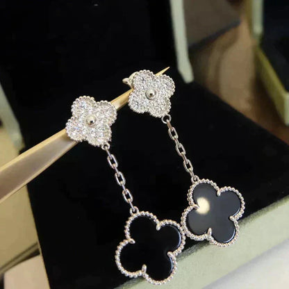 [Super Jewellery]CLOVER 2 MOTIFS  DIAMOND ONYX EARRINGS SILVER