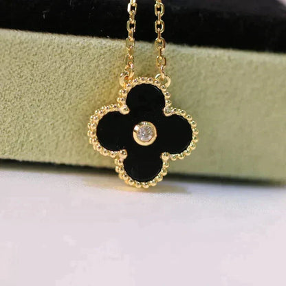 [Super Jewellery]CLOVER 15MM DIAMOND ONYX NECKLACE