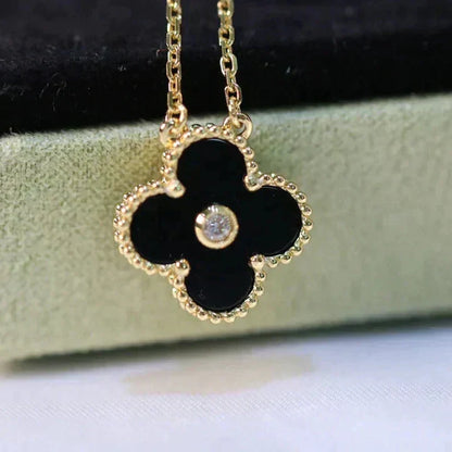 [Super Jewellery]CLOVER 15MM DIAMOND ONYX NECKLACE