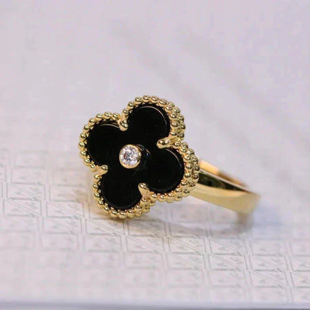 [Super Jewellery]CLOVER ONYX RING GOLD DIAMOND