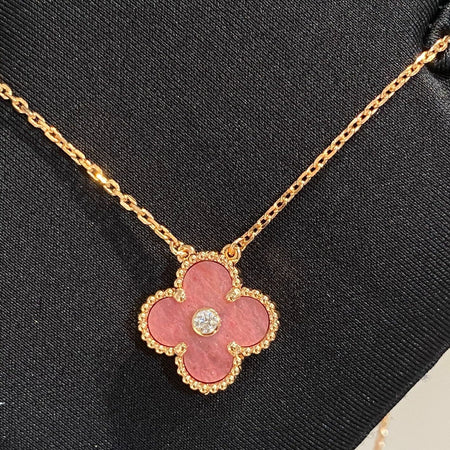 [Super Jewellery]CLOVER 15MM DIAMOND RHODONITE NECKLACE