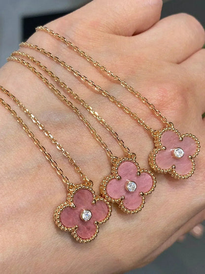 [Super Jewellery]CLOVER 15MM DIAMOND RHODONITE NECKLACE
