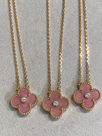 [Super Jewellery]CLOVER 15MM DIAMOND RHODONITE NECKLACE