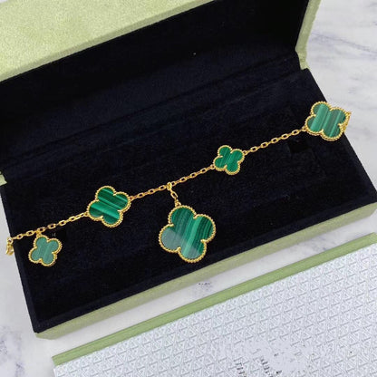 [Super Jewellery]MAGIC CLOVER MALACHITE GOLD BRACELET 5 MOTIFS