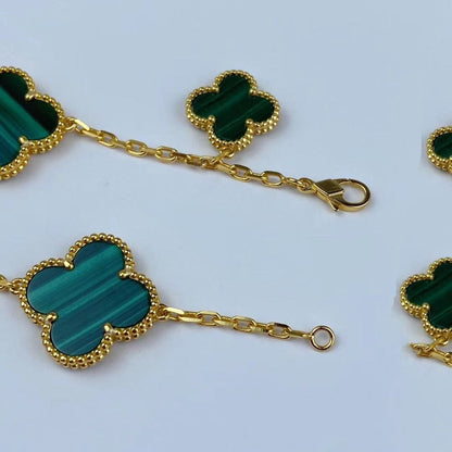 [Super Jewellery]MAGIC CLOVER MALACHITE GOLD BRACELET 5 MOTIFS