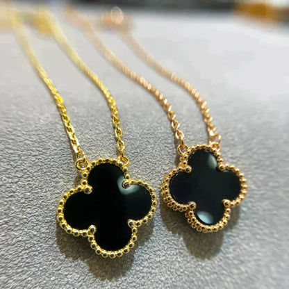 [Super Jewellery]CLOVER 15MM BLACK ONYX SINGLE FLOWER NECKLACE