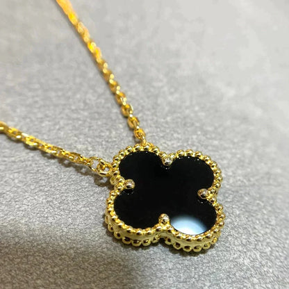 [Super Jewellery]CLOVER 15MM BLACK ONYX SINGLE FLOWER NECKLACE