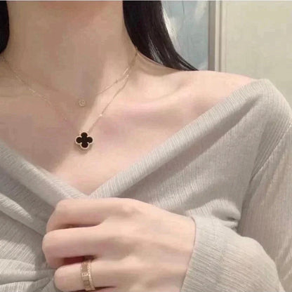 [Super Jewellery]CLOVER 15MM BLACK ONYX SINGLE FLOWER NECKLACE