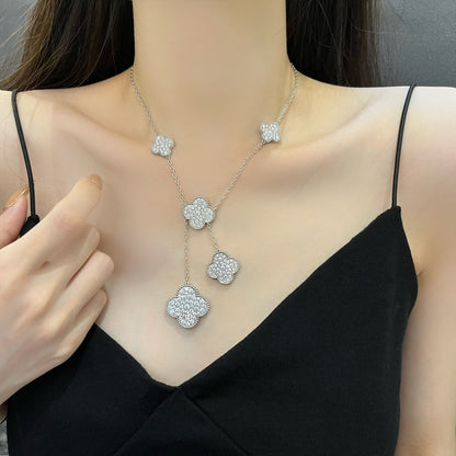 [Super Jewellery]CLOVER 5 MOTIFS SILVER DIAMONDS NECKLACE