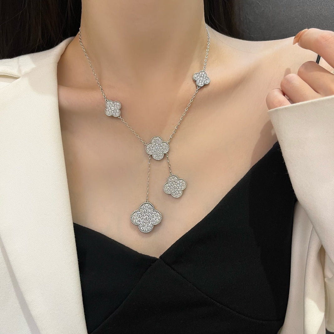 [Super Jewellery]CLOVER 5 MOTIFS SILVER DIAMONDS NECKLACE