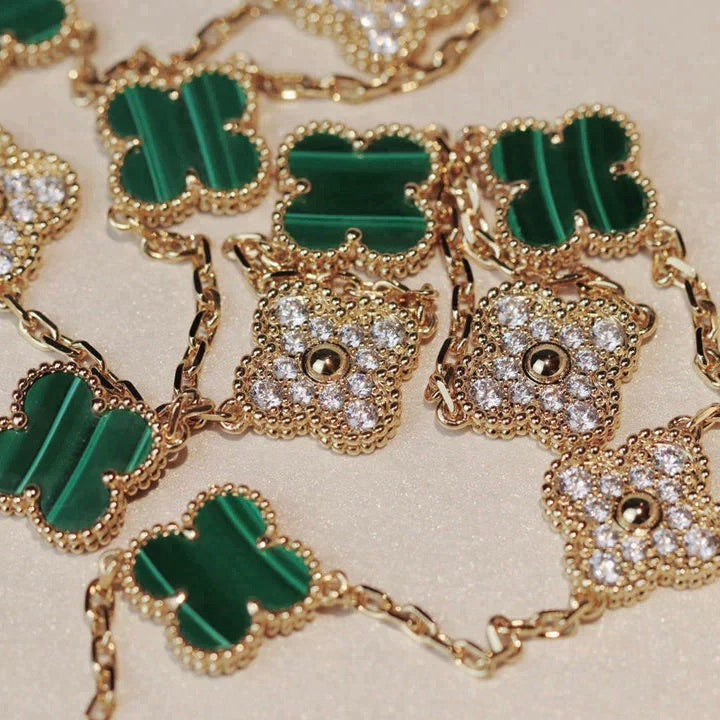 [Super Jewellery]CLOVER 20 MOTIFS MALACHITE DIAMOND NECKLACE