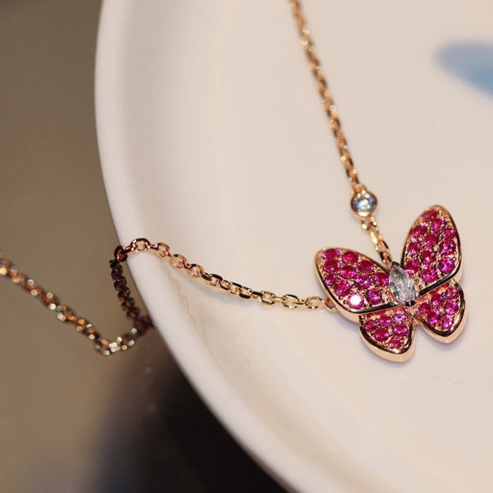 [Super Jewellery]BUTTERFLY RED DIAMOND ROSE GOLD NECKLACE