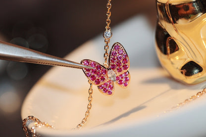 [Super Jewellery]BUTTERFLY RED DIAMOND ROSE GOLD NECKLACE