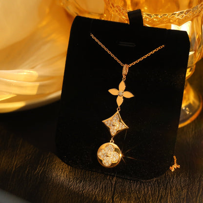 [Super Jewellery]STAR AND SUN DIAMOND PINK GOLD NECKLACE