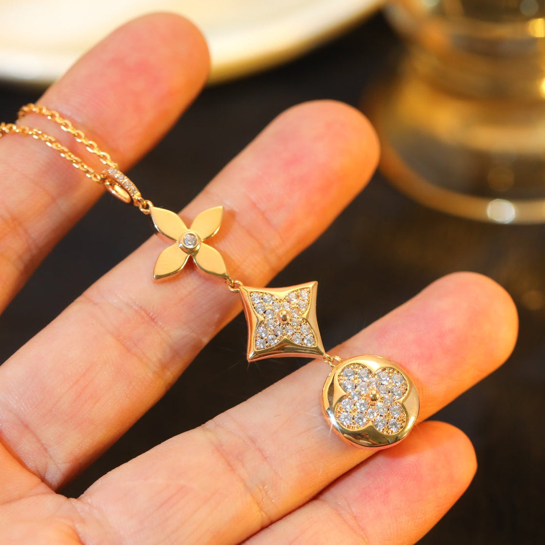 [Super Jewellery]STAR AND SUN DIAMOND PINK GOLD NECKLACE