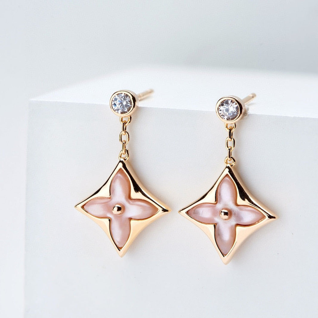 [Super Jewellery]DOUBLE STAR PINK GOLD MOP DROP EARRINGS