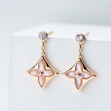 [Super Jewellery]DOUBLE STAR PINK GOLD MOP DROP EARRINGS