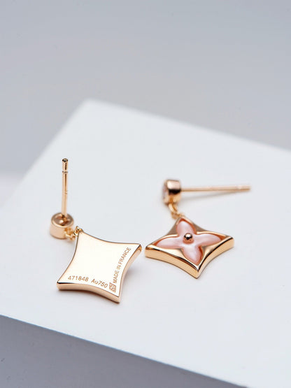 [Super Jewellery]DOUBLE STAR PINK GOLD MOP DROP EARRINGS
