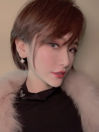 [Super Jewellery]DOUBLE STAR PINK GOLD MOP DROP EARRINGS