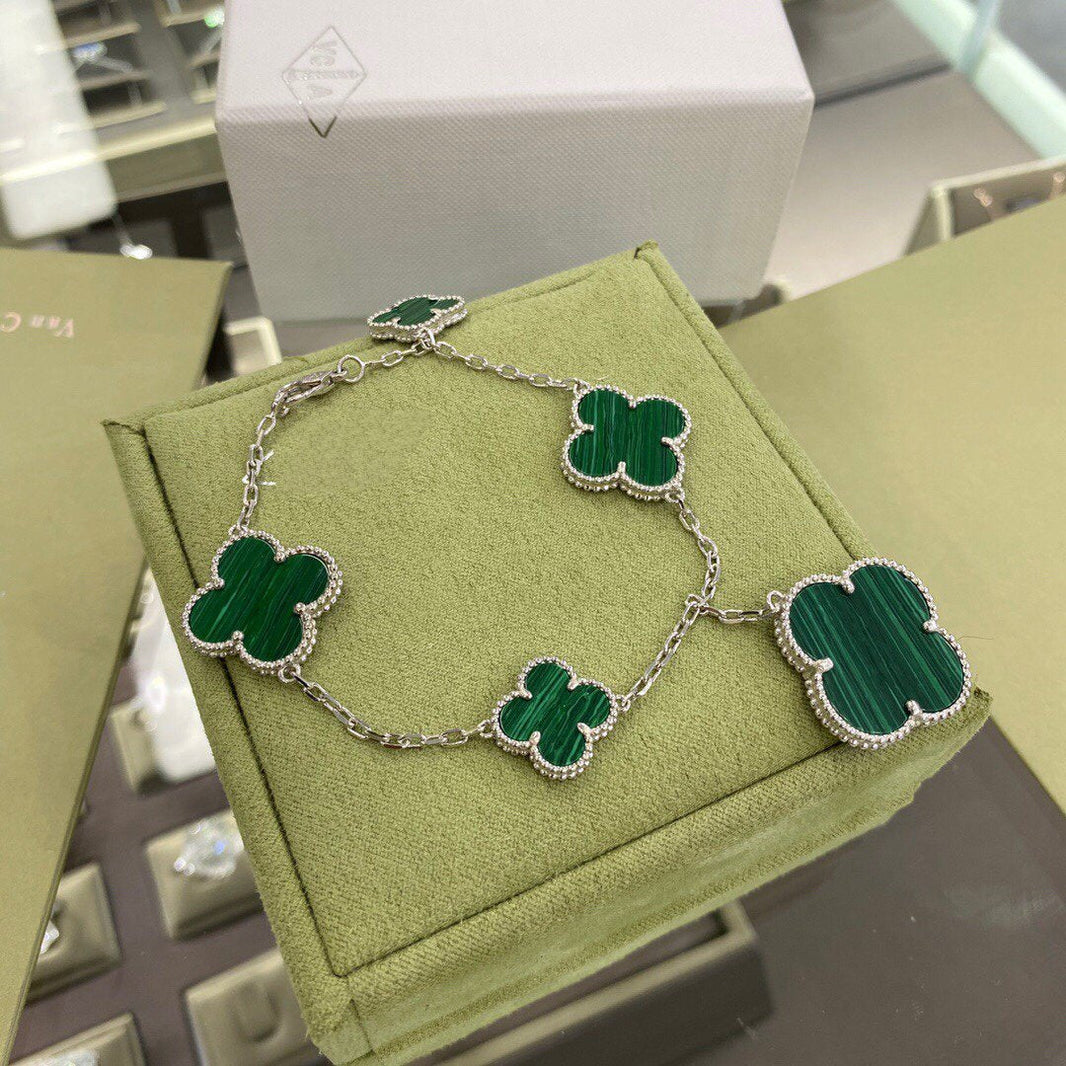 [Super Jewellery]CLOVER 5 MOTIFS SIVLER MALACHITE BRACELET