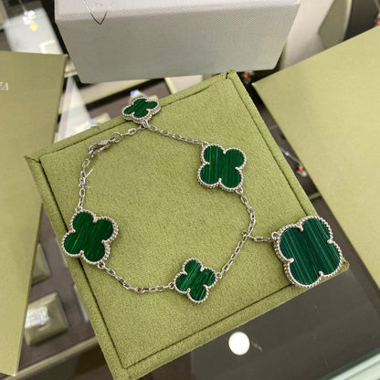 [Super Jewellery]CLOVER 5 MOTIFS SIVLER MALACHITE BRACELET