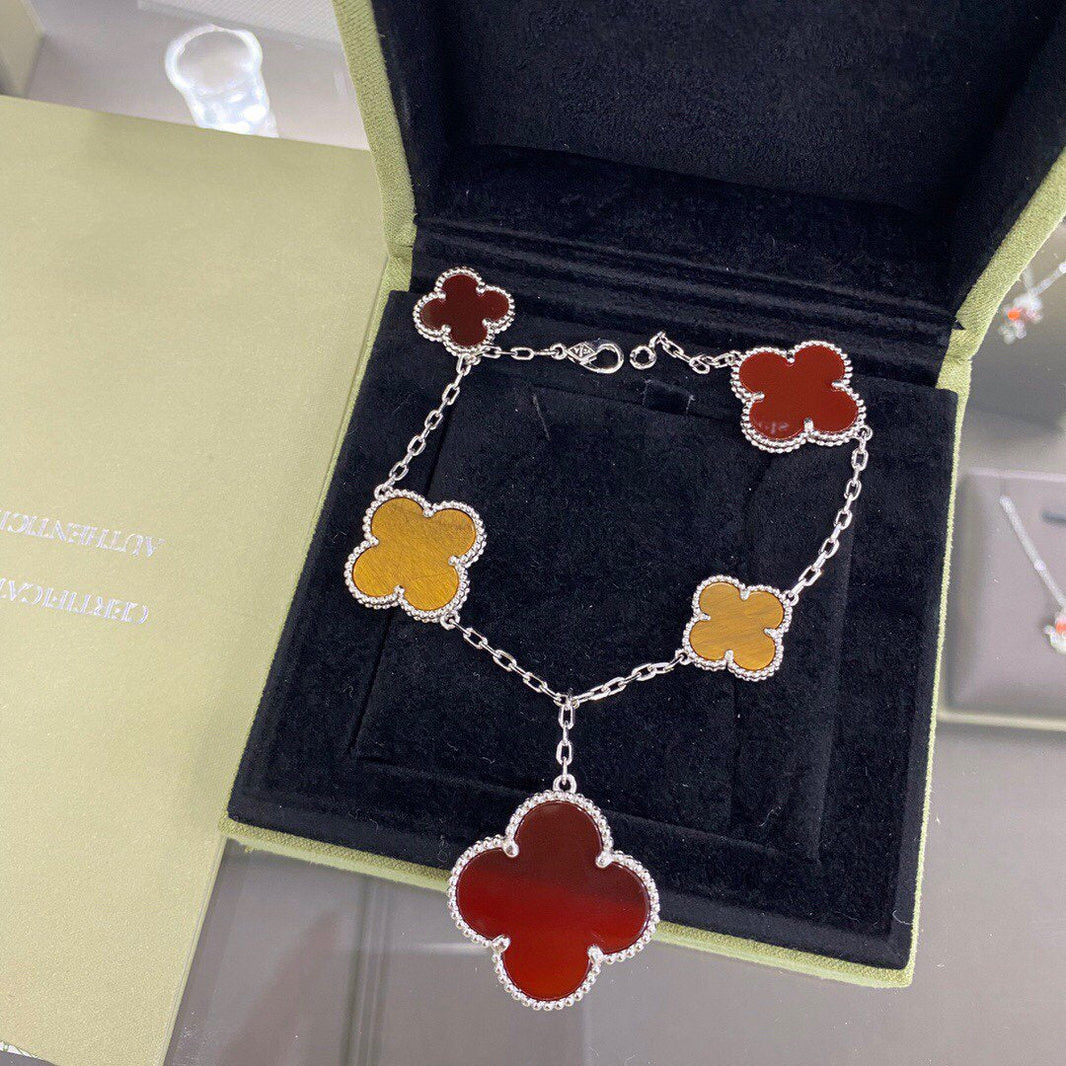 [Super Jewellery]CLOVER 5 MOTIFS SIVLER CARNELIAN TIGER EYE BRACELET
