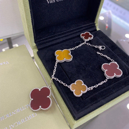 [Super Jewellery]CLOVER 5 MOTIFS SIVLER CARNELIAN TIGER EYE BRACELET