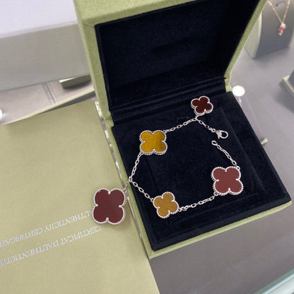 [Super Jewellery]CLOVER 5 MOTIFS SIVLER CARNELIAN TIGER EYE BRACELET