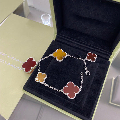 [Super Jewellery]CLOVER 5 MOTIFS SIVLER CARNELIAN TIGER EYE BRACELET