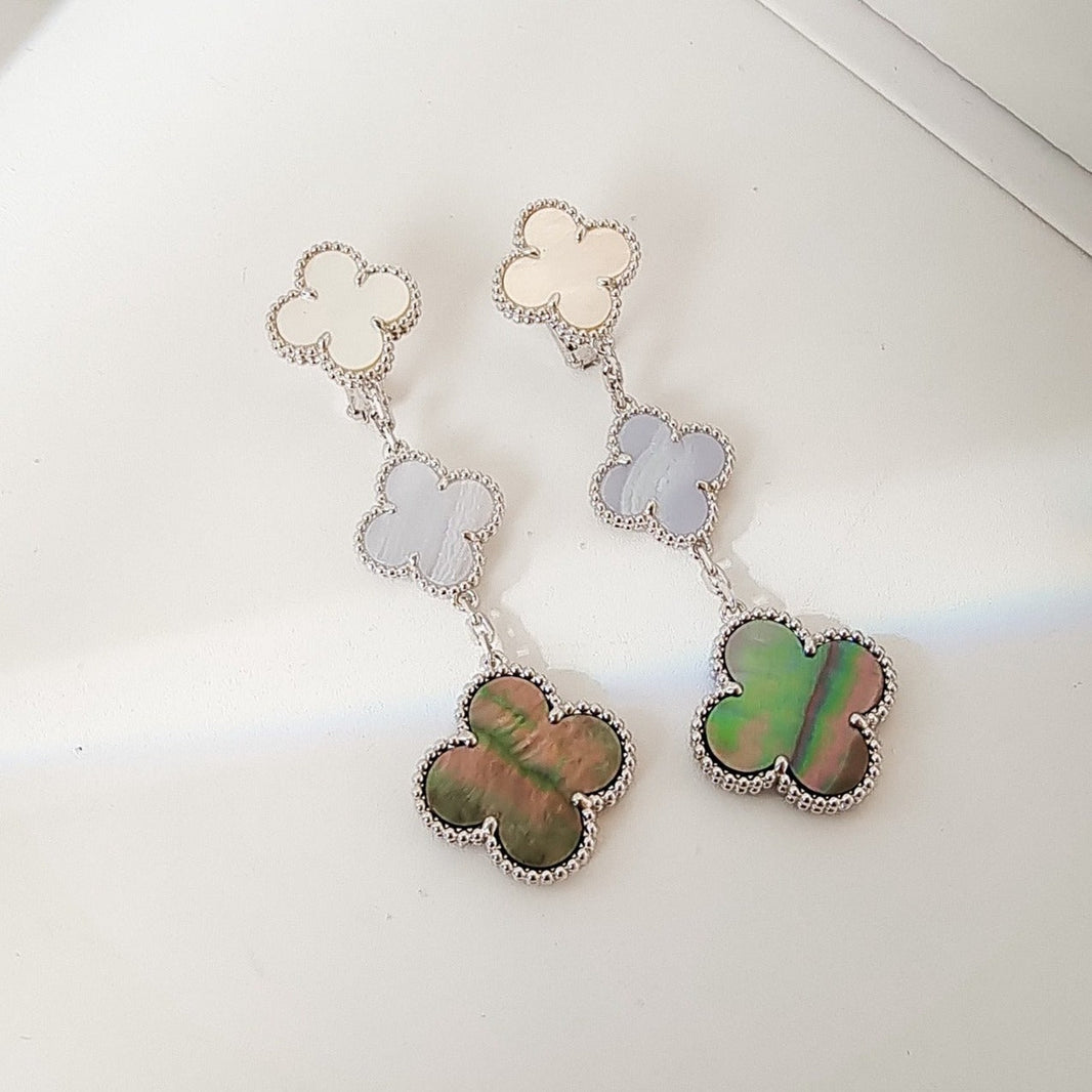 [Super Jewellery]CLOVER 3 MOTIFS CHALCEDONY DARK MOP SILVER EARRINGS