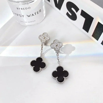 [Super Jewellery]CLOVER 2 MOTIFS  DIAMOND ONYX EARRINGS SILVER