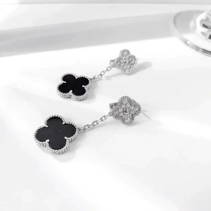 [Super Jewellery]CLOVER 2 MOTIFS  DIAMOND ONYX EARRINGS SILVER
