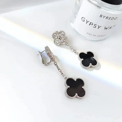 [Super Jewellery]CLOVER 2 MOTIFS  DIAMOND ONYX EARRINGS SILVER